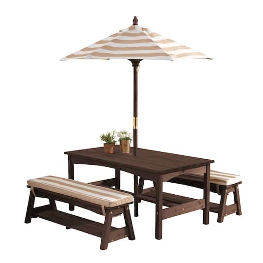 KidKraft Oatmeal &#x26; White Stripes Outdoor Table &#x26; Bench Set with Cushions &#x26; Umbrella